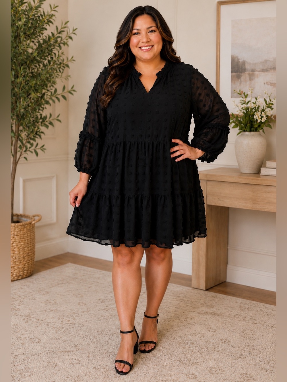 Textured Black Tiered Mini Dress with Sheer Long Sleeves